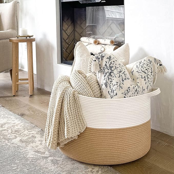 INDRESSME XXXLarge Woven Rope Blanket Basket Living Room, 90L | 21.7" x 13.8" - Image 3