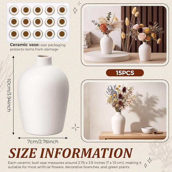 Tioncy 15 Pack White Ceramic Bud Vases Bulk Boho Small Flower Vase White - Image 2