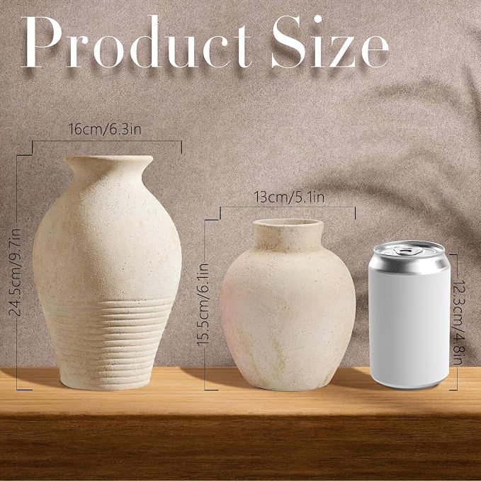 2 Pcs Rustic Farmhouse Vase Terracotta Clay Vase White Pottery Decorative - Image 2