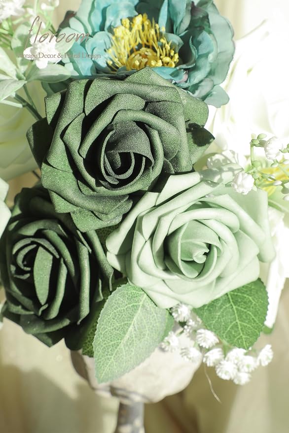 Artificial Flowers 25pcs Real Looking Sage Green & Emerald Green Foam Fake Roses - Image 3