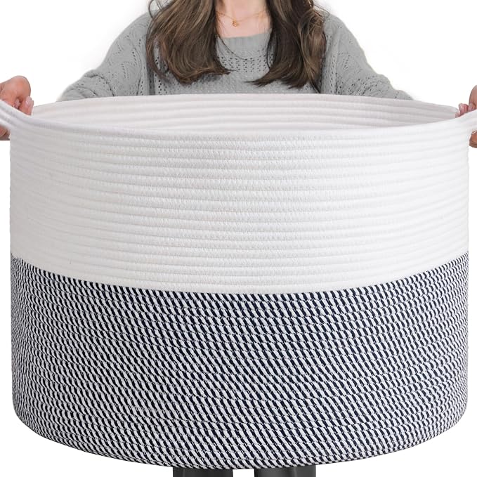 INDRESSME XXXLarge Woven Rope Blanket Basket Living Room Navy, 90L | 21.7" x by INDRESSME