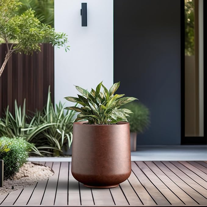 Kante Large Round Curved Rusty Concrete Planter 16.5" Dia, Outdoor | Rubber Plug - Image 6