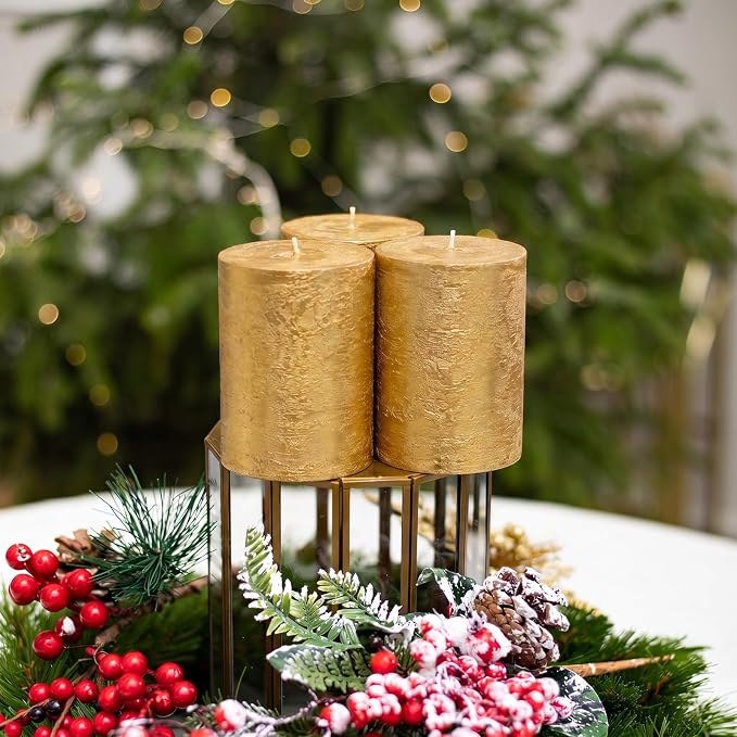 3x4 Inch Gold Pillar Candles Set of 3 - Image 4