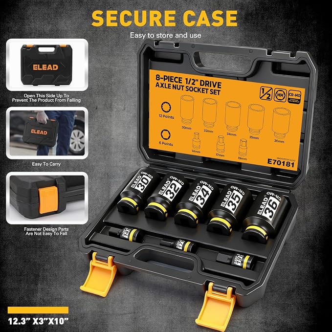 12-Point 1/2" Drive Axle Nut Socket Set, 8-Piece Metric Wheel Axle Nut Wrench - Image 7