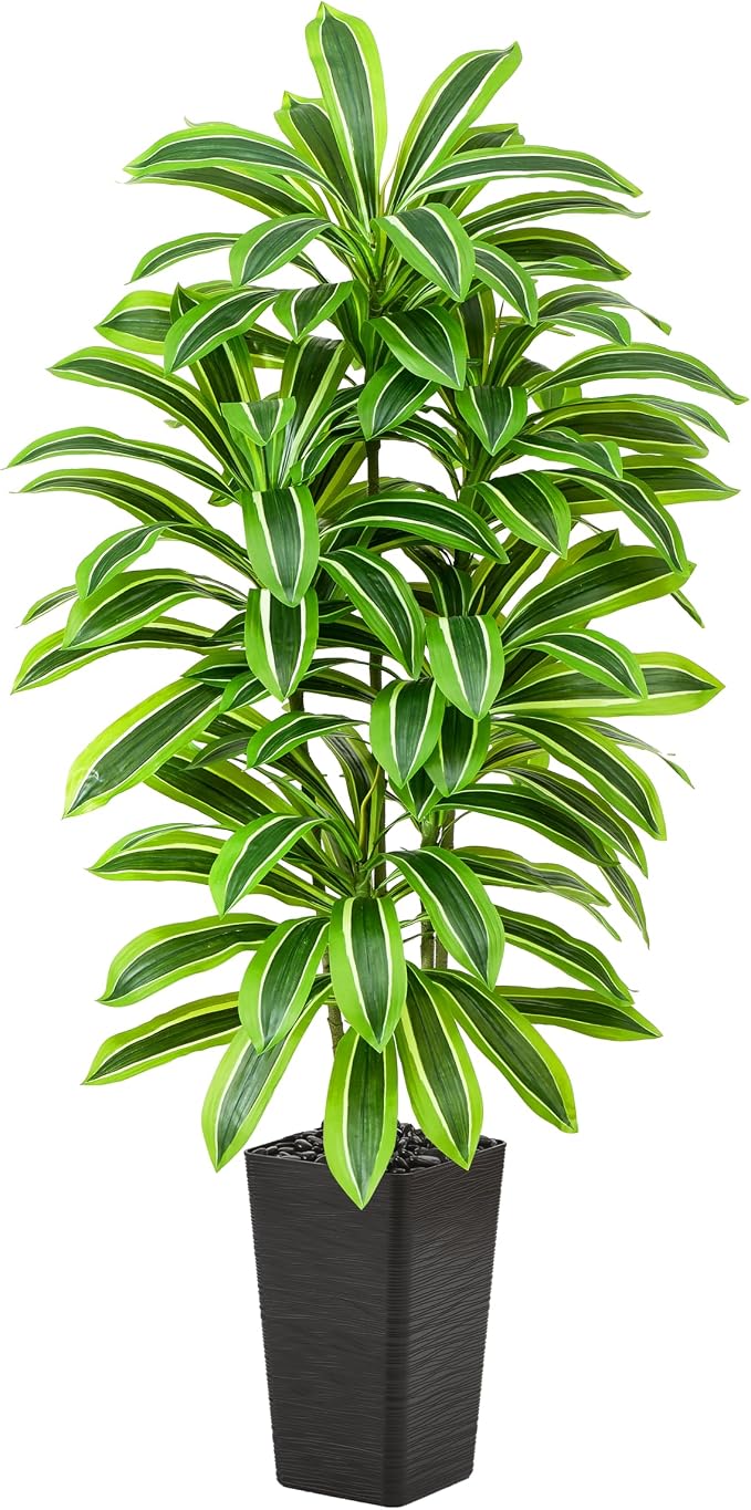Artificial Dracaena Tree: 5FT Fake Plants Silk Faux Trees（Black Pot） | by TNGGNT