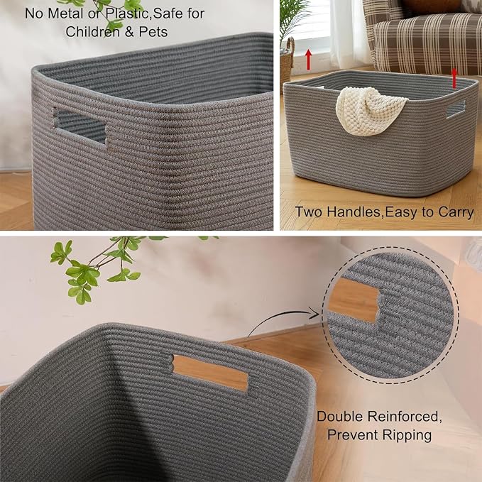 OIAHOMY XXLarge Rectangle Blanket Basket-96L, Cotton Woven Basket - Image 4