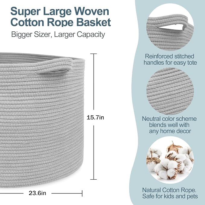 115L Super Large Gray Blanket Basket, 23.6"x15.7" Woven Cotton Rope Storage - Image 2