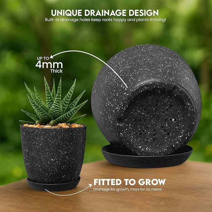 Plant Pots Indoor with Drainage 10 Pack Multi-Size Planters Spotty Black | - Image 4