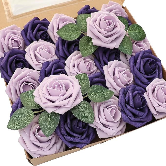 Artificial Flowers 25pcs Real Looking Lilac & Purple Foam Fake Roses by Floroom