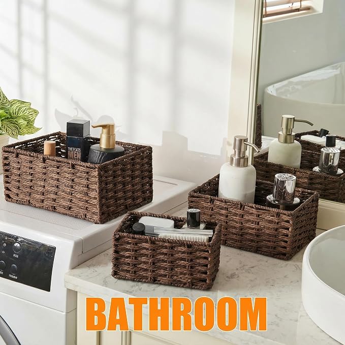 Small Wicker Basket for Organizing, Woven Storage Basket Set of 3 - Image 4