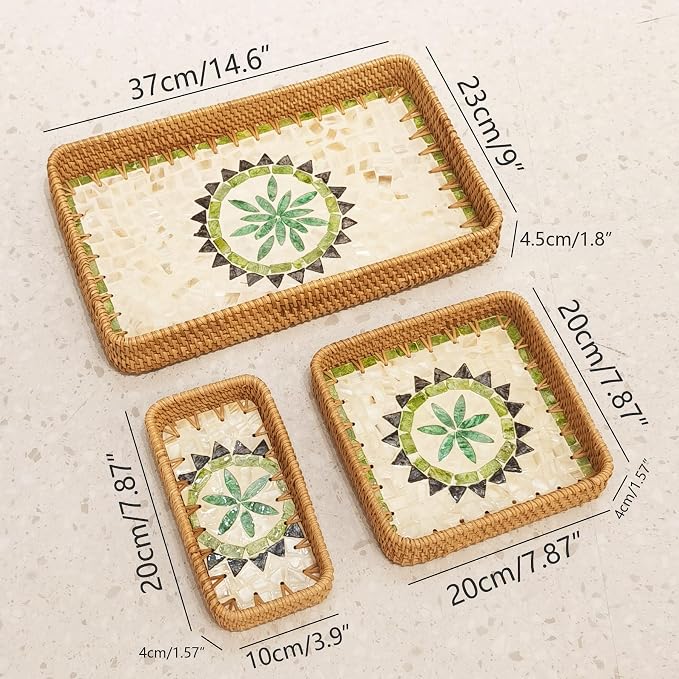 i-lan 15" Green Rattan Nesting Tray Set, Mother of Pearl Inlay, mail or - Image 3