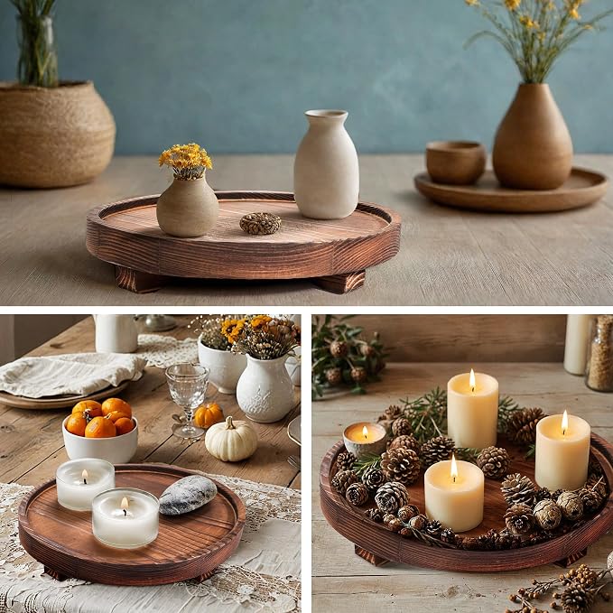 DEBETOOL Round Rustic Wood Decorative Tray | Farmhouse Bathroom Counter Tray & - Image 5