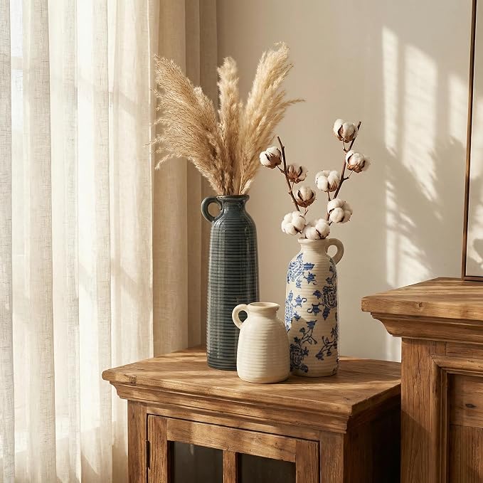 Ceramic Vase Set of 3 with Handles, Versatile as Table Centerpiece or Mantel & - Image 2