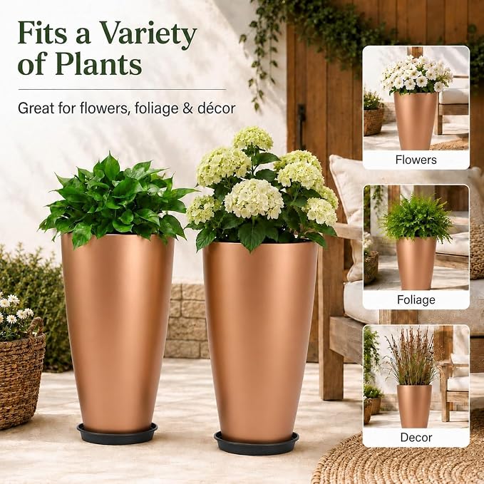 Neoaider Set of 2 Tall Planter, 21 inch Large Plastic Planter, Rose Gold | - Image 7