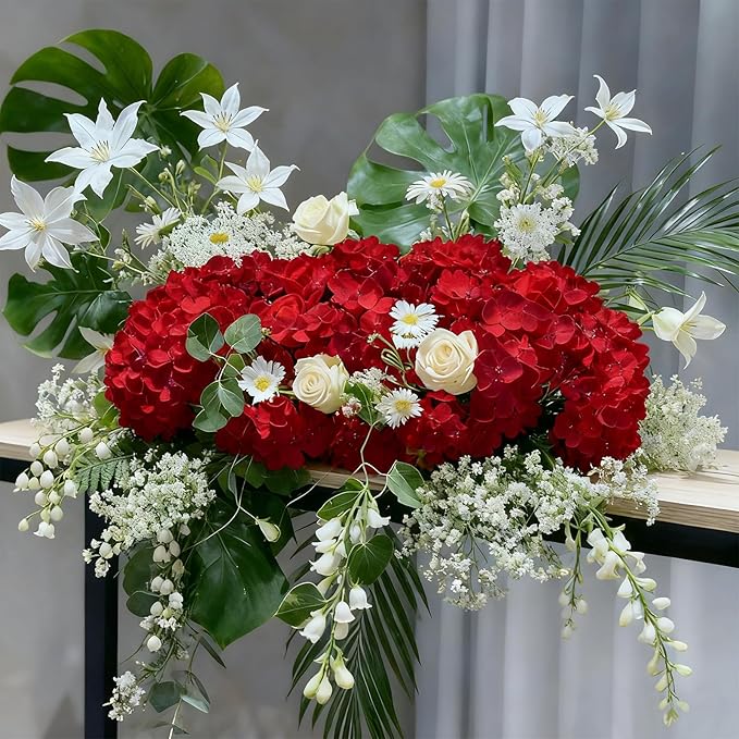 65Pcs Deep Red Hydrangea Artificial Flowers Bulk，Realistic Silk Fake Flowers - Image 5