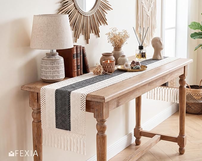 Boho Table Runner with Tassels for Home Decor 12x72 Inches Grey | 72 Inches - Image 6