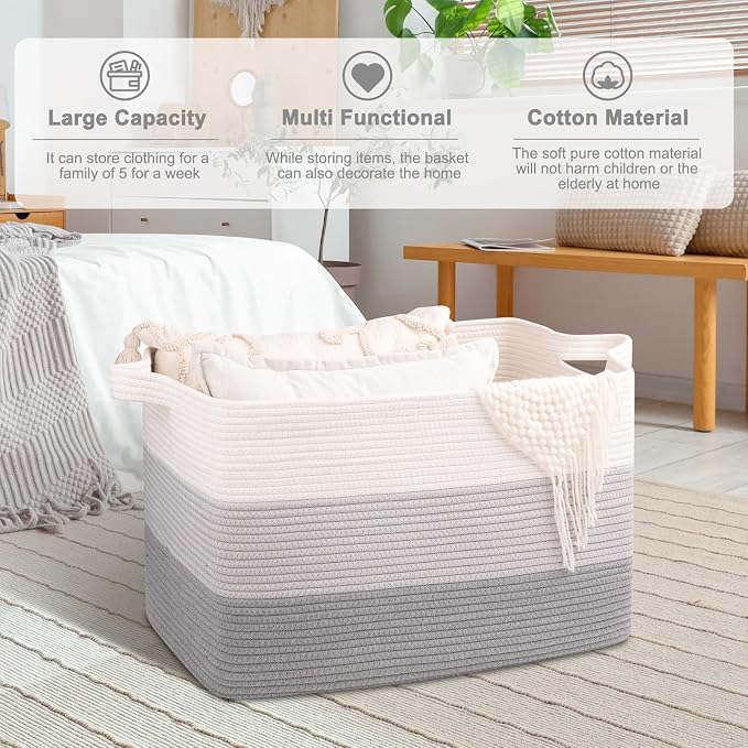 OIAHOMY Extra Large Blanket Basket, 95L Cotton Rope Woven Laundry Basket - Image 5