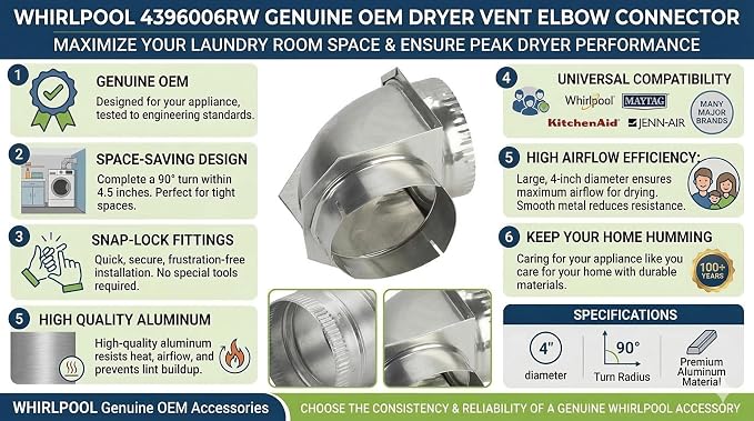 Whirlpool 4396006RW Genuine OEM Dryer Vent Elbow Connector, 90-Degree Close-Turn - Image 3