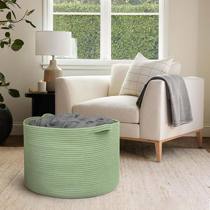 115L Oversized Green Basket, 23.6"x15.7" Woven Cotton Rope Bin - Image 7
