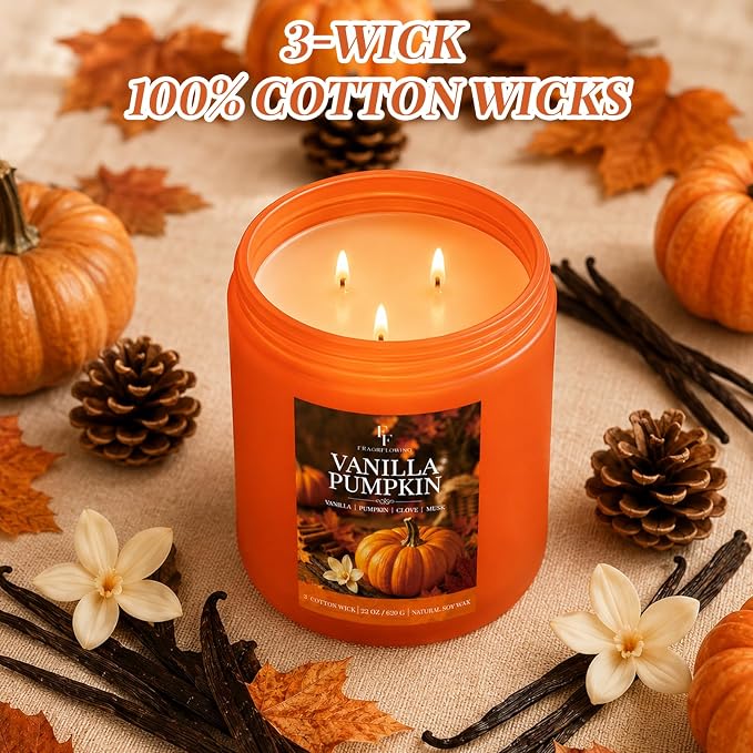 Large Fall Candle Vanilla Pumpkin Scented, 3-Wick 22oz Long Lasting | Soy Wax - Image 4