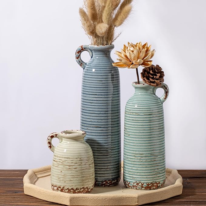 Ceramic Vase Set of 3 with Handles, Versatile as Table Centerpiece or Mantel & by Unknown