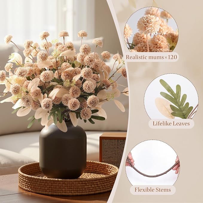 Alupssuc 32 Pcs Beige Faux Silk Mums, Fake Chrysanthemum - Image 3