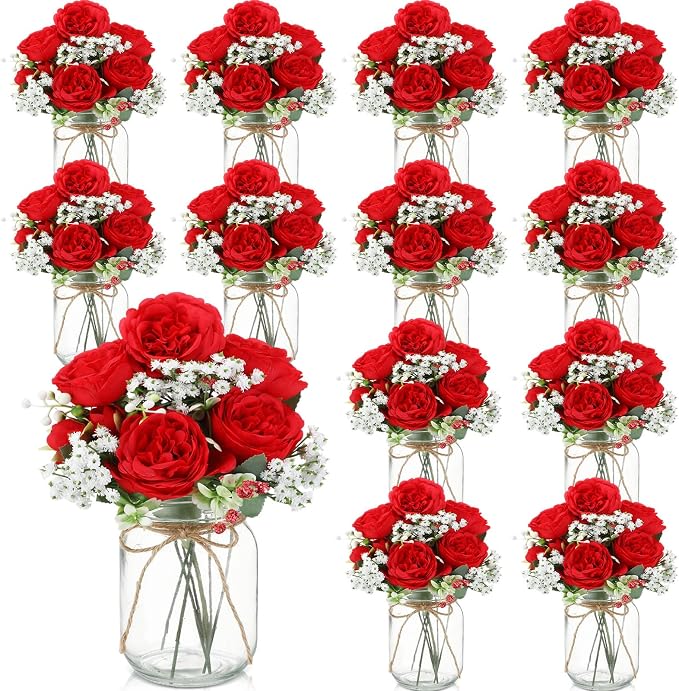 12 Sets Mason Jar Flowers Centerpiece Table Decorations, Artificial Peony by Zeyune