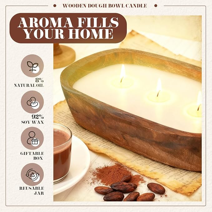 Threlaco 1 Pack 10 Inch Wood Dough Bowl Candles Home Rustic Dough Bowl Soy - Image 4