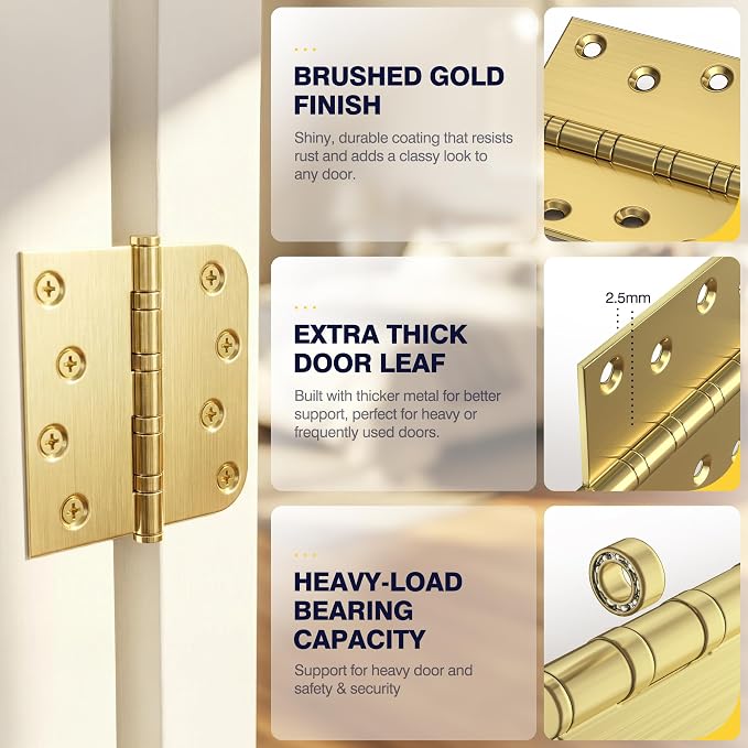 KOLET Ball Bearing Door Hinge, 4 x 4 Inches, Brushed Gold, 3 Pack | Square and - Image 4
