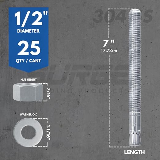 1/2" X 7" 304 Stainless Steel Wedge Anchors - Image 3