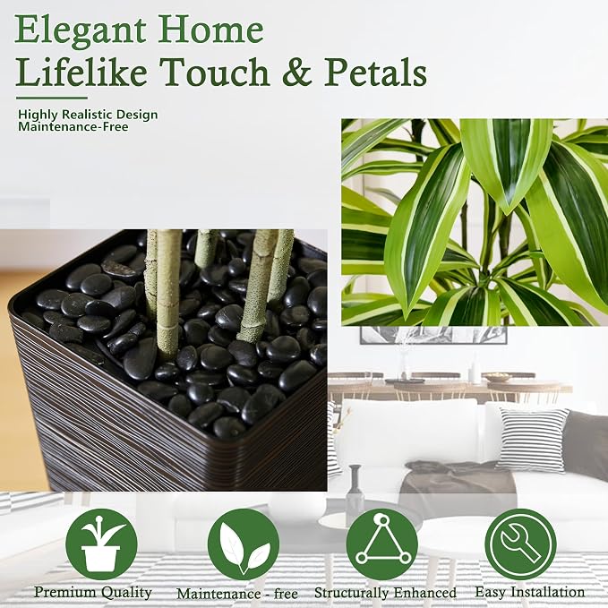 Artificial Dracaena Tree: 6FT Fake Plants Silk Faux Trees（Black Pot） | - Image 3
