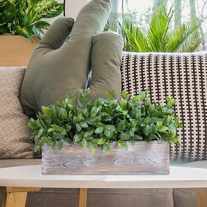 Winlyn 14" Faux Boxwood Plant in Rectangular Wood Planter Box Rustic Greenery - Image 5