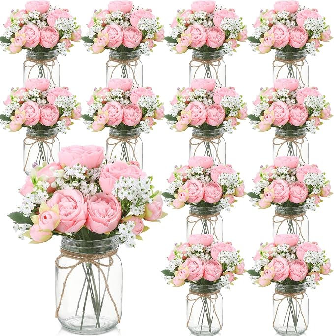 12 Sets Mason Jar Flowers Centerpiece Table Decorations, Light Pink | Faux by Zeyune