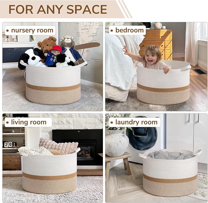INDRESSME XXXLarge Woven Rope Blanket Basket Living Room White Camel, 90L | - Image 5