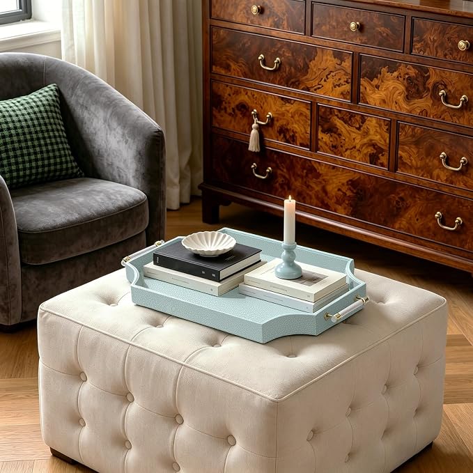 22.6'' × 13'' Coffee Table Tray Shagreen Scalloped Decorative Ottoman Tray | - Image 7
