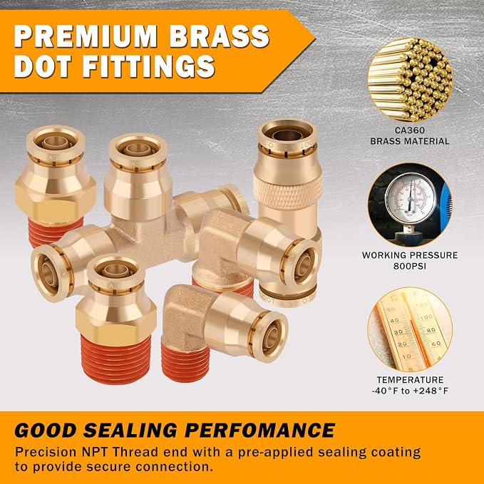 14 Pcs 3/8" Brass DOT Air Line Fittings Kit 1/4" 3/8" DOT Push Lock Air - Image 3