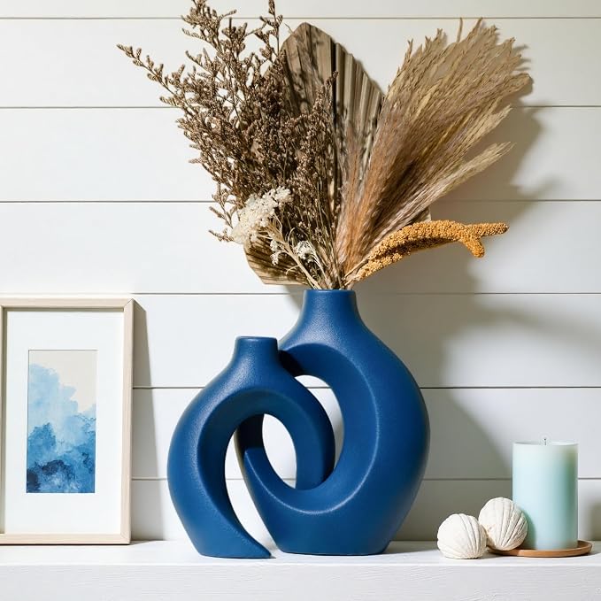 Snuggle Hollow Ceramic Vase Set of 2, 8.4 inch Modern Nordic Coastal Shaped - Image 3