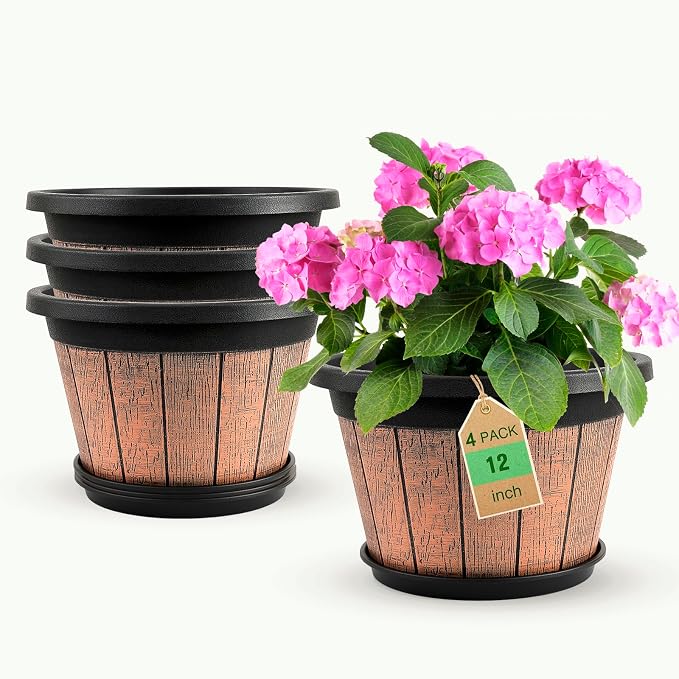 4 Pack 12 inch Plant Pot, Large Whiskey Barrel Planters Indoor Outdoor | by Quarut
