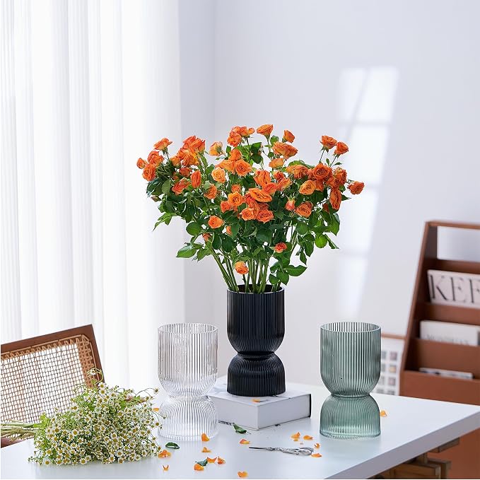7.5 inch Vase for Flowers, Teal Ribbed Thickened Glass Vases, Hourglass Bud - Image 6