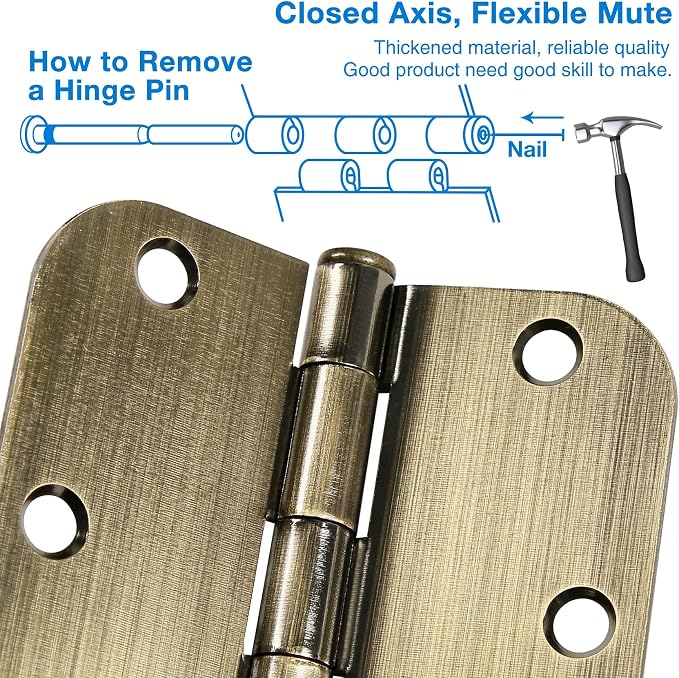 TDCHINGES Rounded Door Hinges 3.5" X 3 1/2 Inch Antique Brass 5/8" 30 Pack - Image 6
