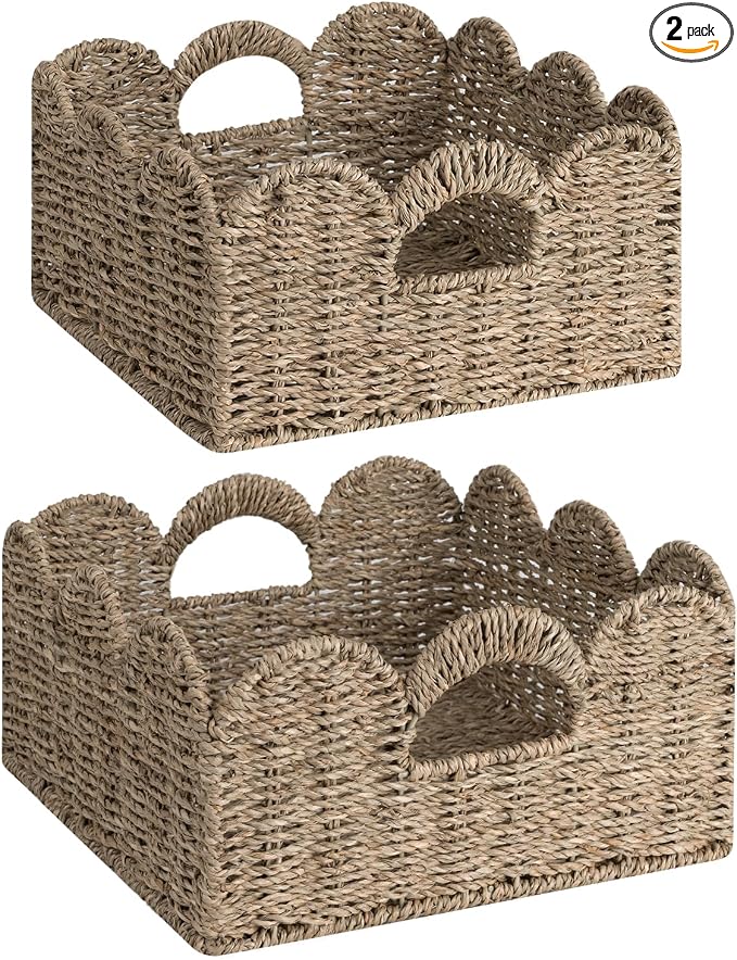 StorageWorks Scalloped Wicker Basket, Hand-woven Rattan Baskets by StorageWorks
