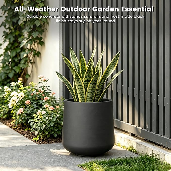 Kante Accent Round Curved Black Concrete Planter 13" Dia, Outdoor | Rubber Plug - Image 6
