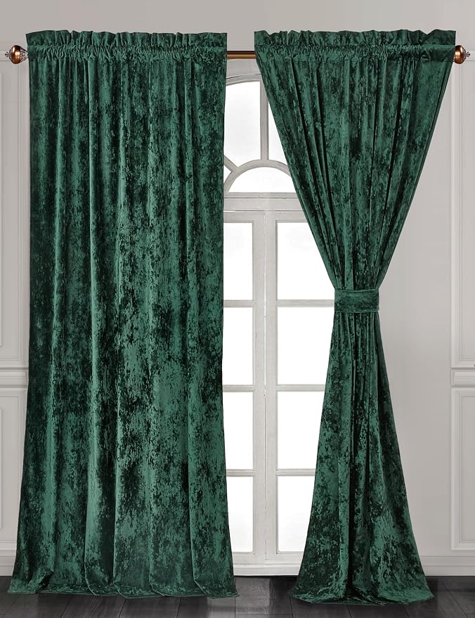 Chezmoi Collection Lux Forest Green Crushed Velvet Curtains 2 Panel Set - Image 2