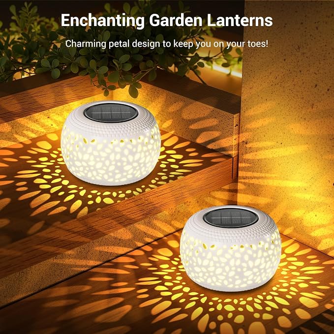 Solar Lanterns Outdoor Waterproof Lights: 2Pack White Hollow Out Metal Table - Image 6
