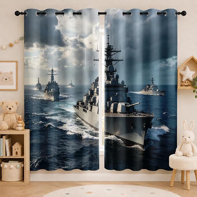 Naval Warships Blackout Curtains 63 inches Long 2 Panels | Ocean Battleship - Image 2