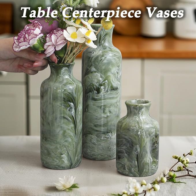Resin 3 Piece Decorative Vase Set, Sage Green Farmhouse Home Decor | Rustic - Image 4