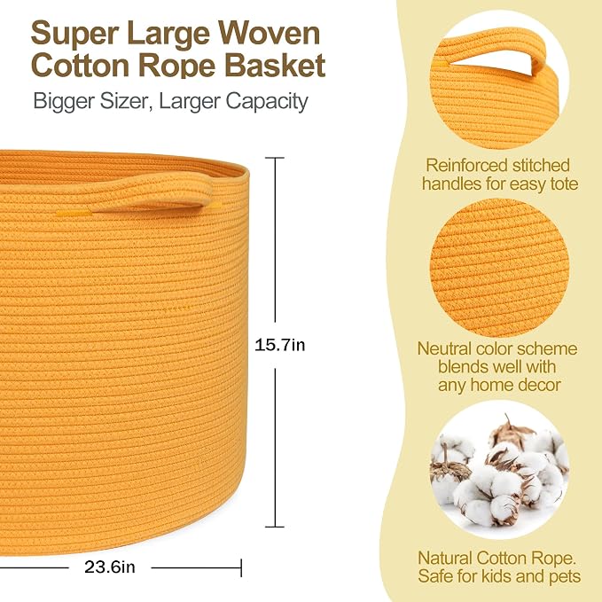 Extra Large 115L Orange Basket, 23.6"x15.7" Woven Cotton Rope Bins - Image 2
