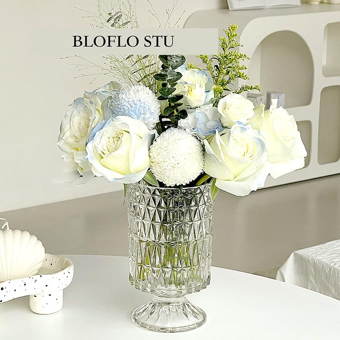 BLOFLO Embossed Glass Vase, Pedestal Big Base Glass Bouquet Vase, Hydroponic - Image 3