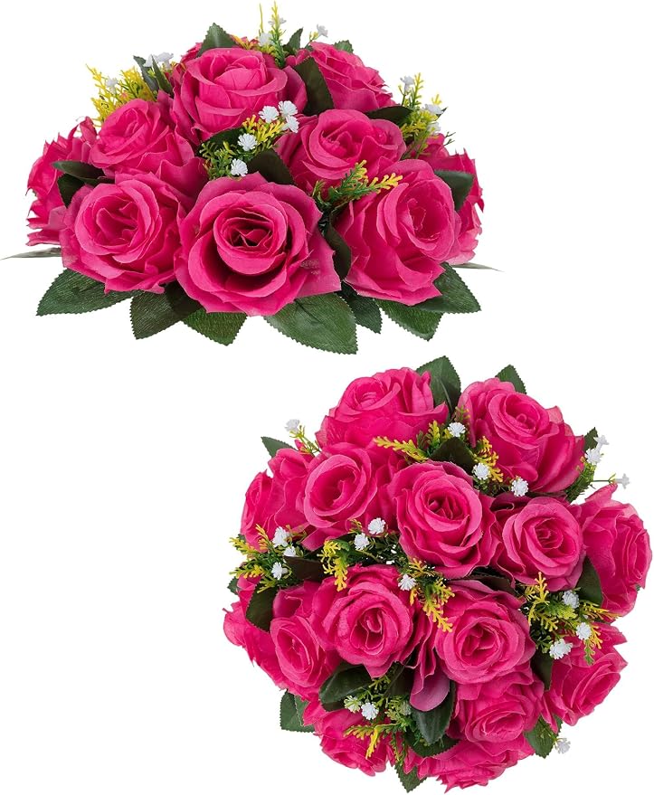 BLOSMON Hot Pink Flowers Artificial: 2 Pcs Fake Rose Balls Centerpieces | Faux by Blosmon