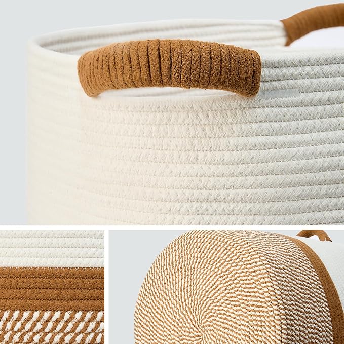 Blanket Basket for Living Room, Woven Rope Storage Basket | 16"D x 14"H | White - Image 4